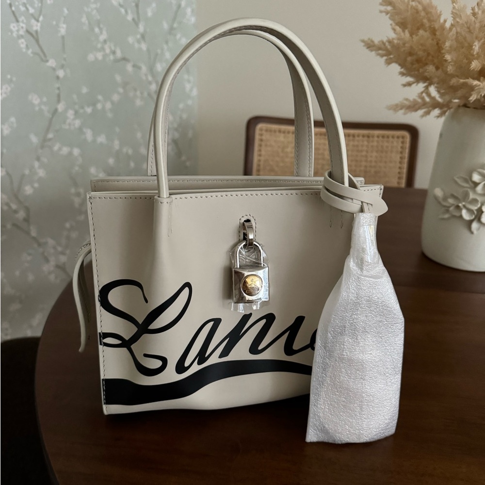 Lanvin Beige Logo Printed Padlock Leather Shoulder Bag